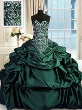 Fantastic Dark Green Ball Gowns Sweetheart Sleeveless Taffeta Floor Length Zipper Beading and Embroidery and Pick Ups Sweet 16 Dress