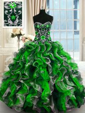 Sleeveless Floor Length Beading and Ruffles Lace Up 15 Quinceanera Dress with Multi-color