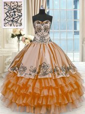 Trendy Floor Length Rust Red Ball Gown Prom Dress Organza and Taffeta Sleeveless Beading and Embroidery and Ruffled Layers