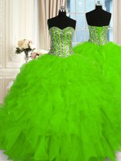 Four Piece Sleeveless Organza Floor Length Lace Up Quince Ball Gowns in for with Beading and Ruffles and Ruching