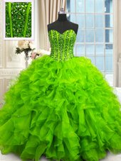 Organza Lace Up Sweetheart Sleeveless Floor Length Vestidos de Quinceanera Beading and Ruffles and Sequins