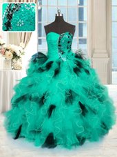 Inexpensive Turquoise Lace Up Sweetheart Beading and Ruffles Vestidos de Quinceanera Tulle Sleeveless