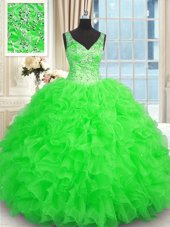 Inexpensive Ball Gowns 15 Quinceanera Dress Green V-neck Organza Sleeveless Floor Length Zipper