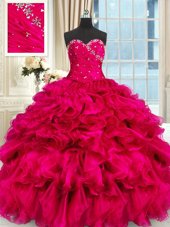 Hot Pink Sweetheart Neckline Beading and Ruffles Sweet 16 Dresses Sleeveless Lace Up