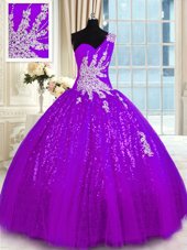 On Sale One Shoulder Sleeveless Lace Up Floor Length Appliques Sweet 16 Dresses