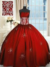 Glorious Wine Red Vestidos de Quinceanera Military Ball and Sweet 16 and Quinceanera and For with Beading and Appliques and Ruching Strapless Sleeveless Lace Up
