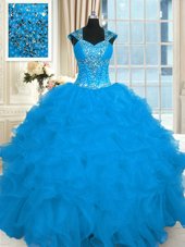 Beading and Ruffles 15 Quinceanera Dress Aqua Blue Lace Up Cap Sleeves Floor Length