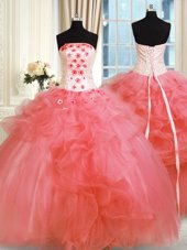 Sumptuous Watermelon Red Quince Ball Gowns Military Ball and Sweet 16 and Quinceanera and For with Pick Ups and Hand Made Flower Strapless Sleeveless Lace Up