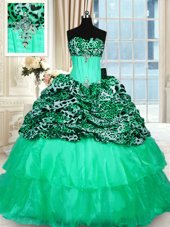 Turquoise 15th Birthday Dress Organza and Printed Sweep Train Sleeveless Beading and Ruffled Layers