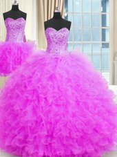Beauteous Three Piece Floor Length Lace Up Sweet 16 Dress Lilac and In for Military Ball and Sweet 16 and Quinceanera with Beading and Ruffles