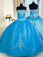 Discount Blue Ball Gowns Strapless Sleeveless Tulle Floor Length Lace Up Pick Ups and Hand Made Flower Quinceanera Gown
