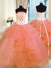 Sweet Orange Ball Gowns Pick Ups and Hand Made Flower Sweet 16 Dress Lace Up Tulle Sleeveless Floor Length