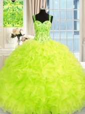 Beading and Embroidery and Ruffles Quince Ball Gowns Yellow Green Lace Up Sleeveless Floor Length
