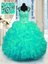 Turquoise Cap Sleeves Organza Lace Up Quince Ball Gowns for Military Ball and Sweet 16 and Quinceanera