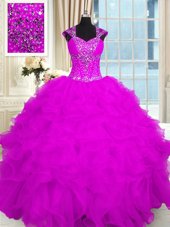 Fuchsia Quinceanera Dress Military Ball and Sweet 16 and Quinceanera and For with Beading and Ruffles Straps Cap Sleeves Lace Up