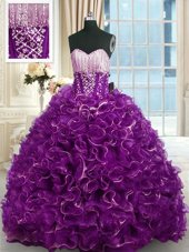 Cute Eggplant Purple Quinceanera Gown Military Ball and Sweet 16 and Quinceanera and For with Beading and Ruffles Sweetheart Sleeveless Brush Train Lace Up