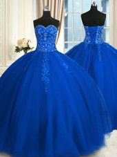 Classical Blue Sleeveless Floor Length Appliques and Embroidery Lace Up Quince Ball Gowns