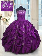 Eggplant Purple Strapless Lace Up Beading and Appliques and Embroidery and Pick Ups Sweet 16 Quinceanera Dress Sleeveless
