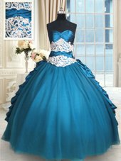 Smart Sleeveless Floor Length Beading and Lace and Appliques and Ruching Lace Up Quince Ball Gowns with Teal