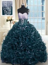 With Train Teal 15 Quinceanera Dress Organza Brush Train Sleeveless Beading and Ruffles
