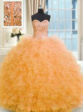 Modest Floor Length Orange 15th Birthday Dress Strapless Sleeveless Lace Up