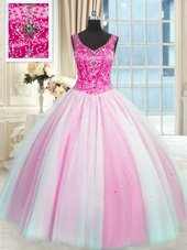 Baby Pink and Pink And White Lace Up V-neck Beading Sweet 16 Dresses Tulle Sleeveless