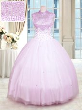 Lilac Quinceanera Gowns Military Ball and Sweet 16 and Quinceanera and For with Beading High-neck Sleeveless Zipper