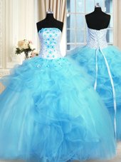 Sleeveless Floor Length Pick Ups and Hand Made Flower Lace Up 15 Quinceanera Dress with Baby Blue