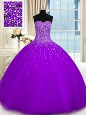 Flirting Purple Ball Gowns Tulle Sweetheart Sleeveless Beading Floor Length Lace Up Sweet 16 Dresses