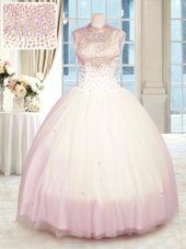 Adorable Baby Pink Sleeveless Tulle Zipper Quinceanera Gown for Military Ball and Sweet 16 and Quinceanera