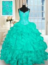 Clearance Turquoise Spaghetti Straps Neckline Beading and Ruffles Sweet 16 Quinceanera Dress Sleeveless Lace Up