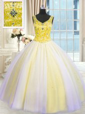 Custom Made Multi-color Ball Gowns Tulle V-neck Sleeveless Beading and Sequins Floor Length Lace Up Sweet 16 Dresses