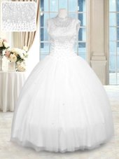 Stylish Floor Length Ball Gowns Sleeveless White Quinceanera Gown Zipper