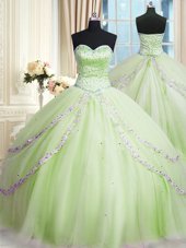 Sweetheart Sleeveless Tulle Quinceanera Gown Beading and Appliques Court Train Lace Up