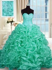 Designer With Train Lace Up 15 Quinceanera Dress Turquoise and In for Military Ball and Sweet 16 and Quinceanera with Beading and Pick Ups
