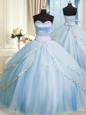 Glittering Baby Blue Ball Gowns Beading and Appliques Vestidos de Quinceanera Lace Up Organza Sleeveless With Train