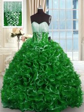 Green Organza Lace Up Quinceanera Gowns Sleeveless With Brush Train Beading and Ruffles
