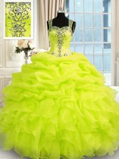 Yellow Green Zipper Quinceanera Gown Beading and Ruffles Sleeveless Floor Length