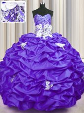 Sleeveless With Train Appliques and Sequins and Pick Ups Lace Up Sweet 16 Quinceanera Dress with Purple Brush Train