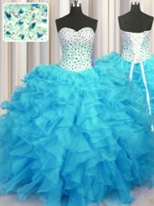 Floor Length Baby Blue Vestidos de Quinceanera Organza Sleeveless Beading and Ruffles