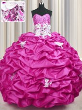Taffeta Sleeveless With Train Quinceanera Dress Sweep Train and Appliques and Sequins and Pick Ups