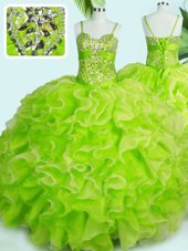 Beauteous Yellow Green Spaghetti Straps Lace Up Beading and Ruffles Vestidos de Quinceanera Sleeveless