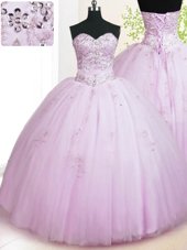 Lilac Ball Gowns Tulle Sweetheart Sleeveless Beading and Appliques Floor Length Lace Up 15th Birthday Dress