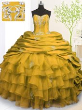 Organza and Taffeta Strapless Sleeveless Brush Train Lace Up Beading and Appliques and Ruffled Layers and Pick Ups 15 Quinceanera Dress in Purple