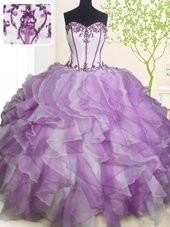 Vintage Sleeveless Floor Length Beading and Ruffles Lace Up 15th Birthday Dress with White And Purple