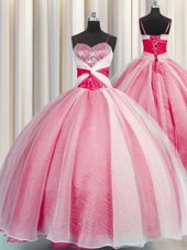 Coral Red Sleeveless Beading and Sequins and Ruching Floor Length Sweet 16 Quinceanera Dress