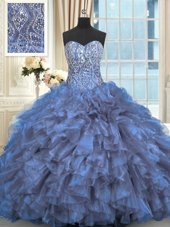 Blue Lace Up Sweetheart Beading and Ruffles Vestidos de Quinceanera Organza Sleeveless