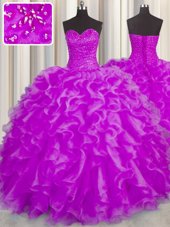 Noble Fuchsia Sleeveless Organza Lace Up Sweet 16 Dresses for Military Ball and Sweet 16 and Quinceanera