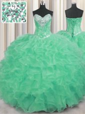 Edgy Sleeveless Organza Floor Length Lace Up Ball Gown Prom Dress in Apple Green for with Beading and Ruffles