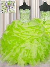 Yellow Green 15th Birthday Dress Military Ball and Sweet 16 and Quinceanera and For with Beading and Ruffles and Pick Ups Sweetheart Sleeveless Lace Up